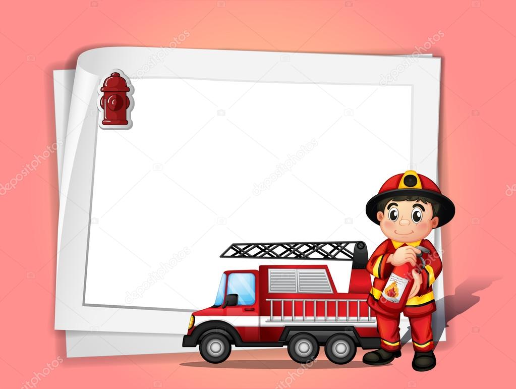 A fireman holding a fire extinguisher beside his fire truck in f