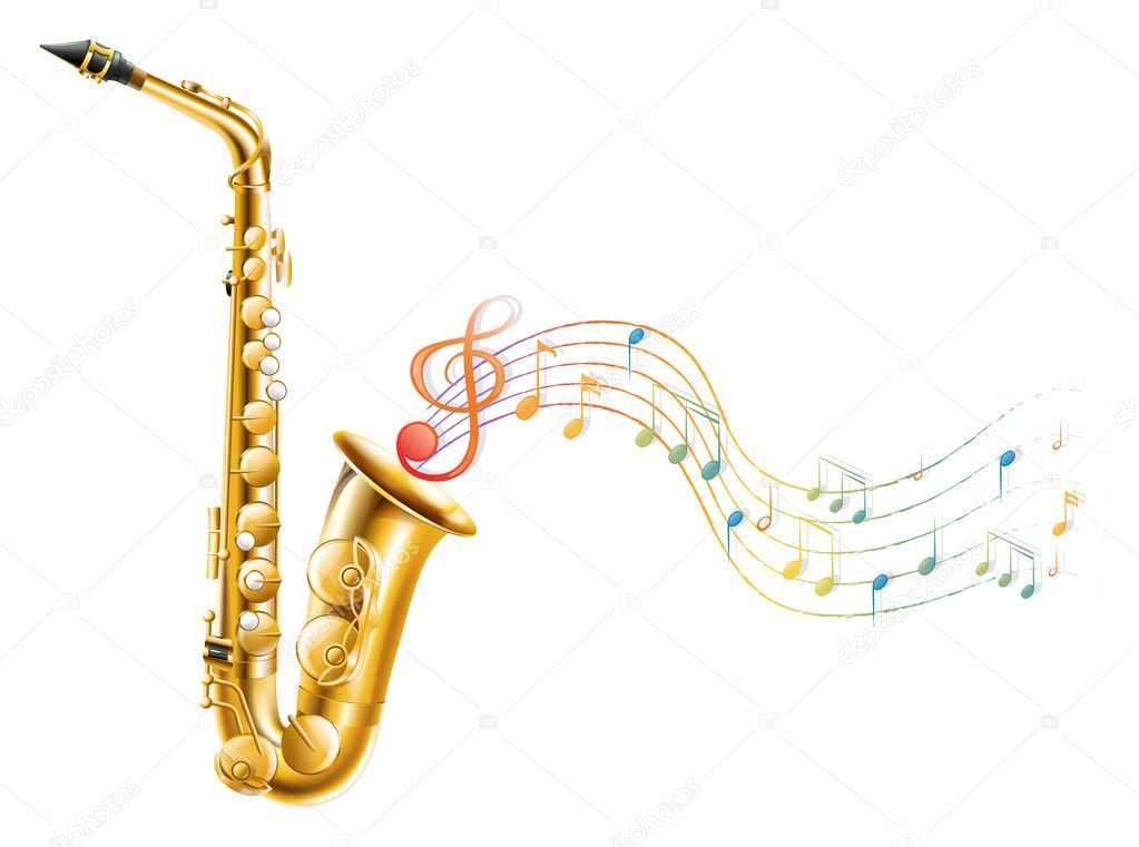 A golden saxophone with musical notes