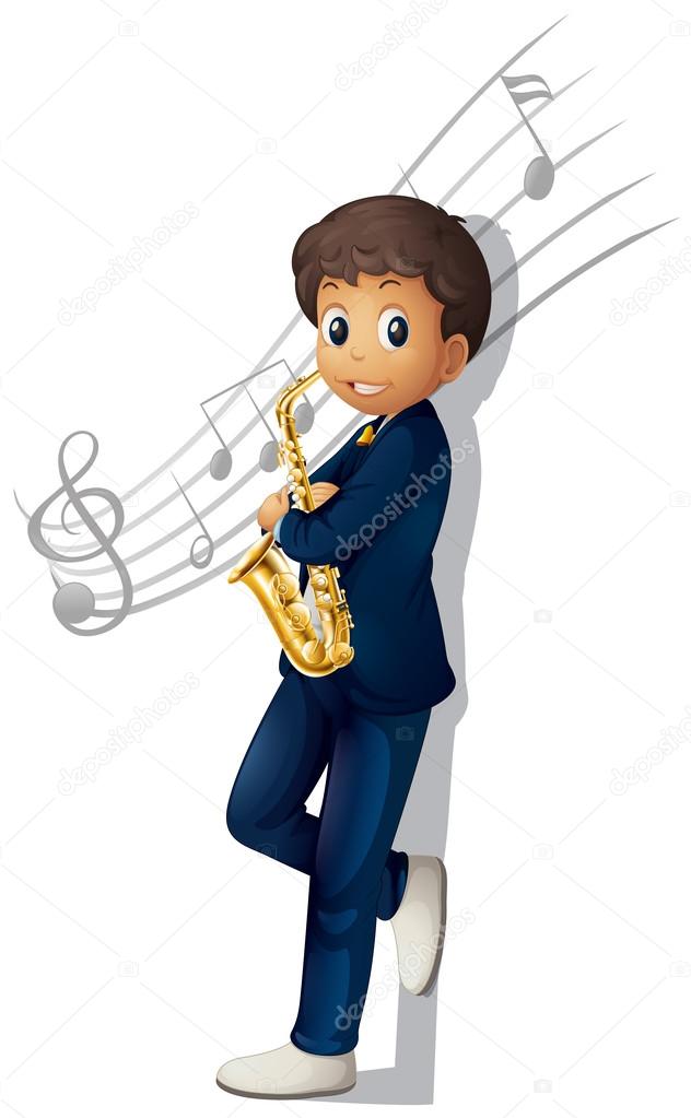 A musician holding a saxophone with musical notes