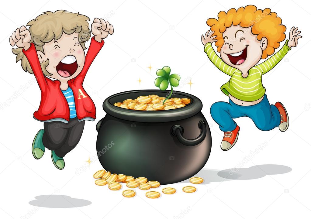 Happy faces of two kids with a pot of money