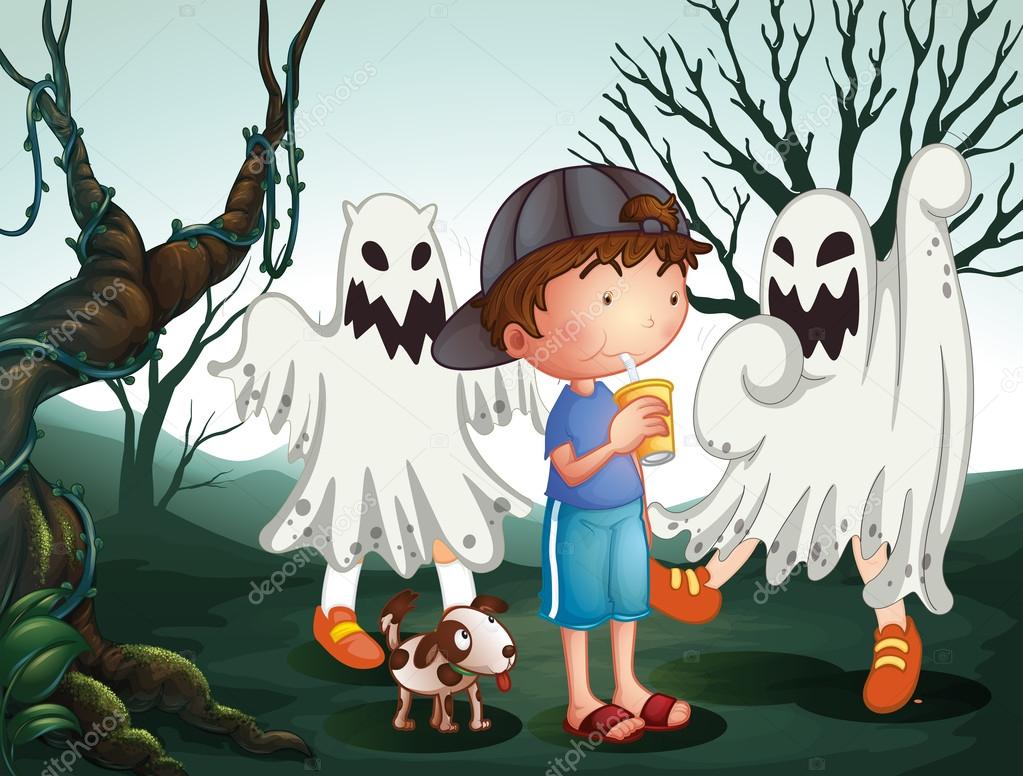 A boy and his pet at the graveyard with ghosts
