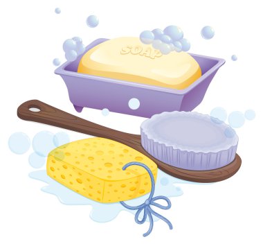 A sponge, a brush and a soap clipart