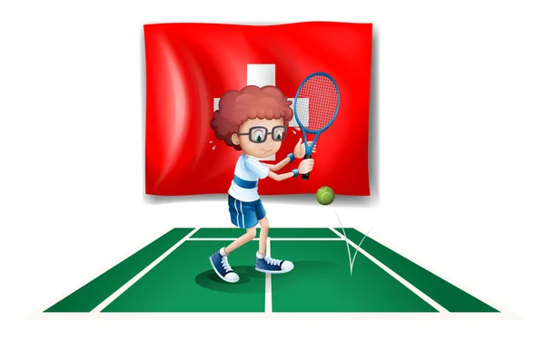 Een jongen met tennis voor de vlag van Zwitserland — Stockvector