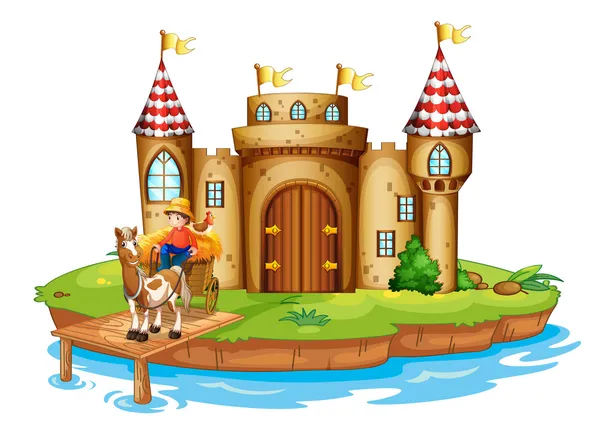 Jazda w jego koszyka na moście w pobliżu zamku chłopca gospodarstwa — Wektor stockowy