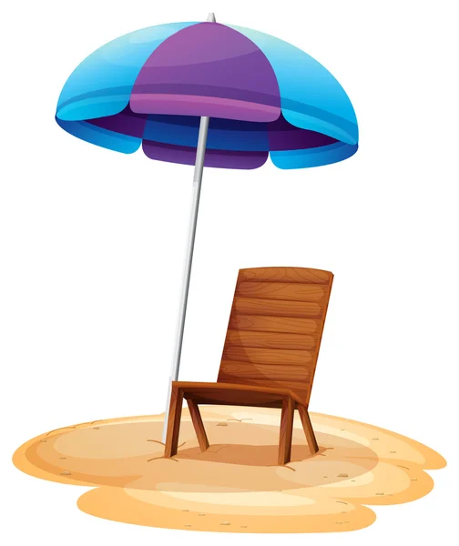 A stripe beach umbrella and a wooden chair — Stock Vector