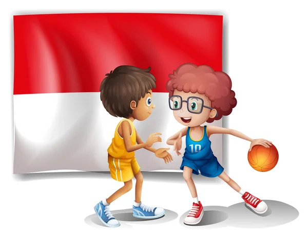 The flag of Indonesia at the back of the basketball players — Stock Vector