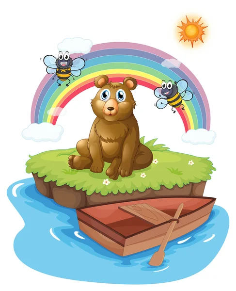 A bear in an island with two bees — Stock Vector