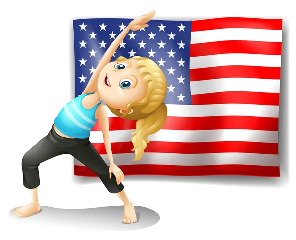 The USA flag with a girl exercising — Stock Vector