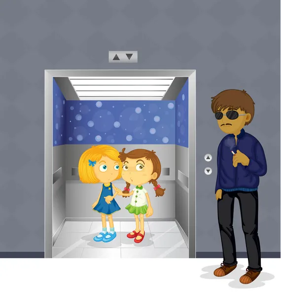 Les jeunes filles dans l'ascenseur et un homme effrayant dehors — Image vectorielle