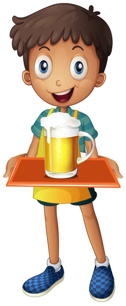 Egy fiatal fiú, tartja a tálcát, egy korsó sör — Stock Vector