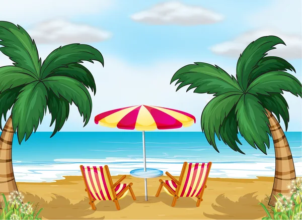 A view of the beach with a beach umbrella and chairs — Stock Vector