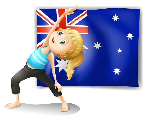 Una chica estirándose frente a una bandera australiana — Archivo Imágenes Vectoriales