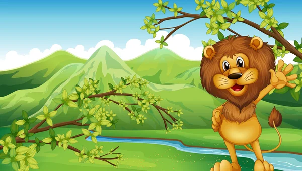 Un lion devant la rivière et les hautes montagnes — Image vectorielle