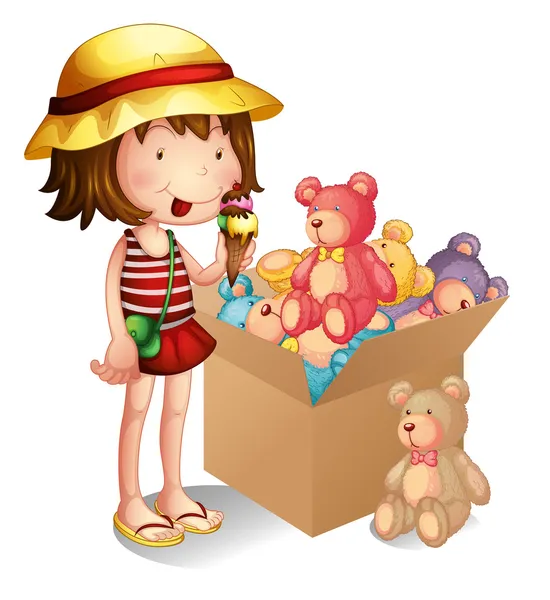 Una giovane ragazza accanto a una scatola di giocattoli — Vettoriale Stock
