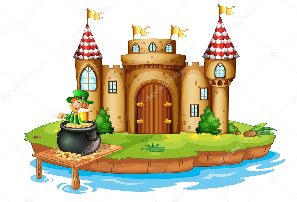 A castle with an old man inside a pot of coins