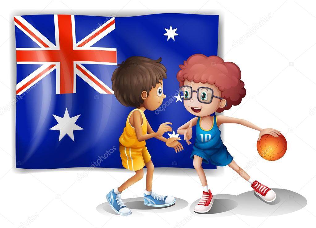 Basketball players in front of the Australian flag