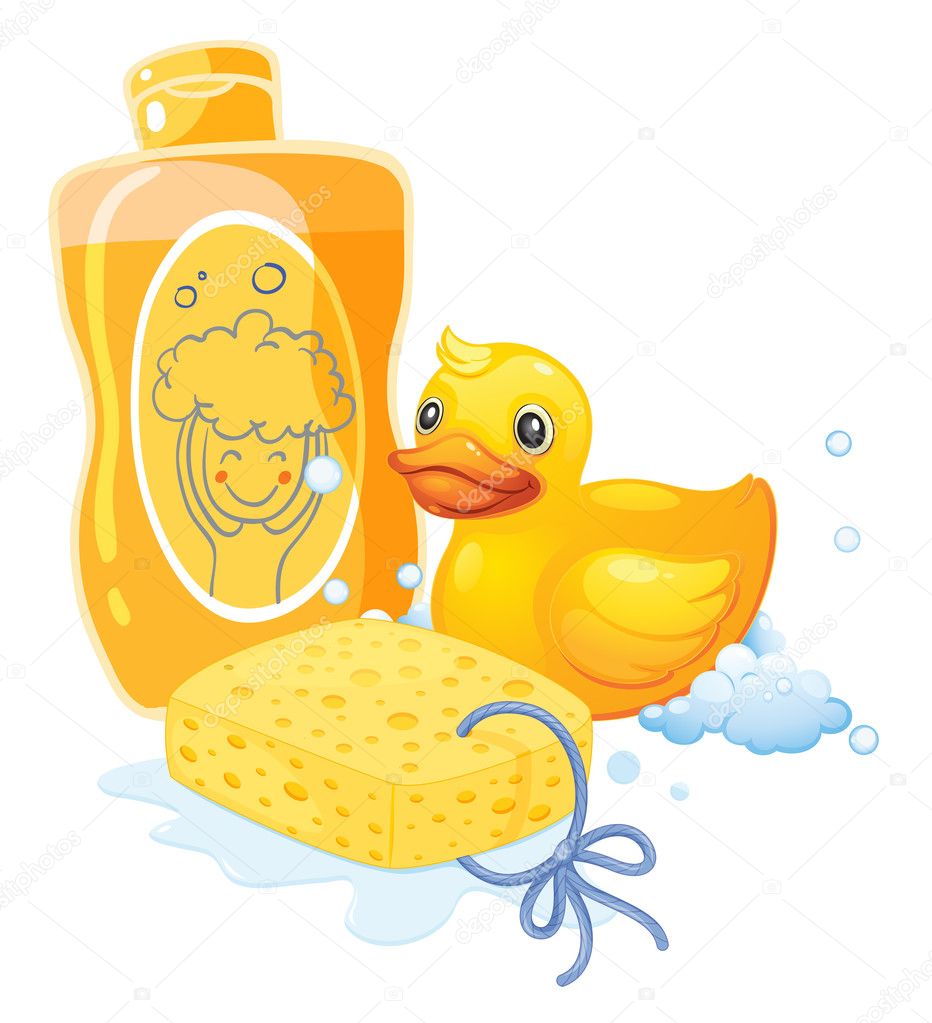 A bubble bath with a sponge and a toy duck