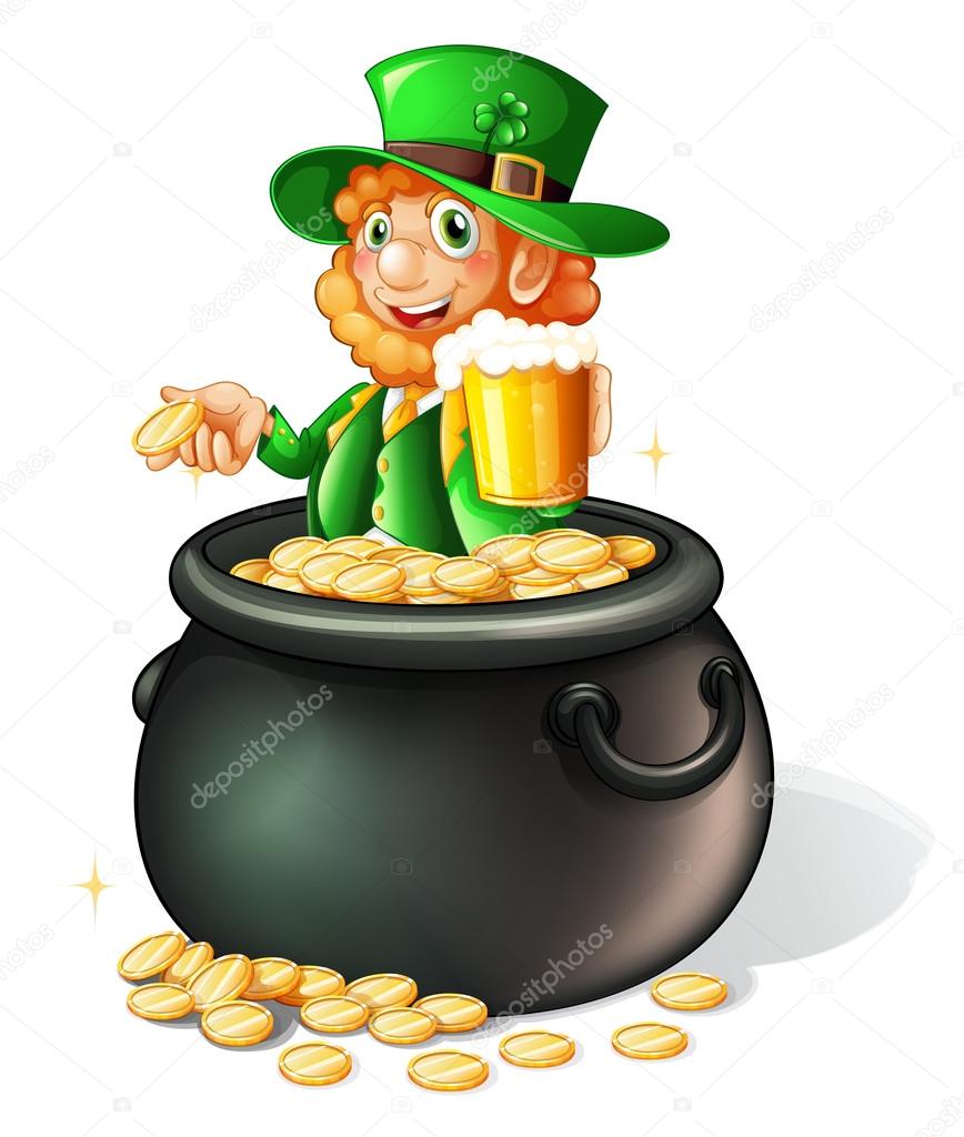 A pot with coins and an old man with a mug of beer