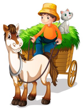 A farmer riding a cart with a cat at the back clipart