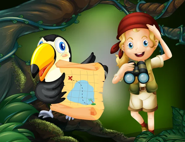 Uma menina com um papagaio segurando um mapa — Vetor de Stock