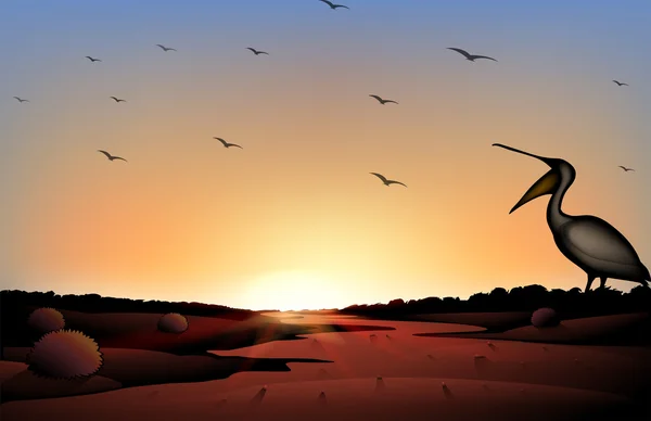 Ένα ηλιοβασίλεμα στην έρημο με ένα σμήνος πουλιών — Διανυσματικό Αρχείο