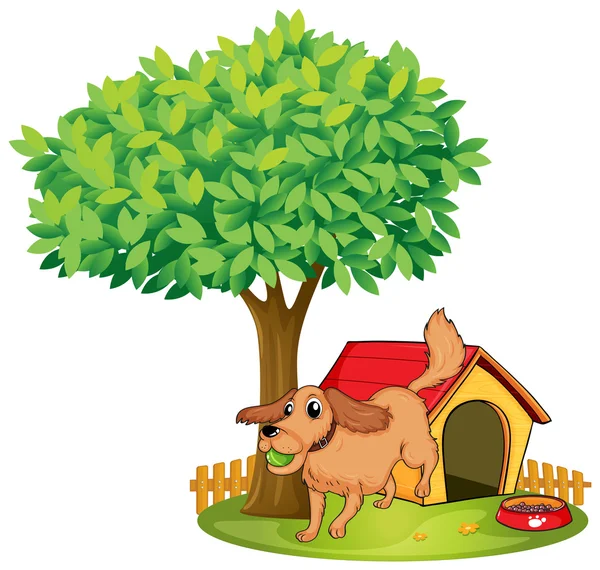 A dog playing beside a doghouse under a tree — Stock Vector