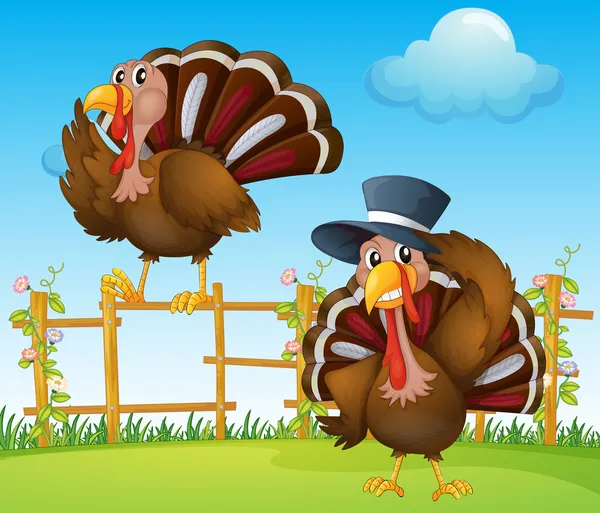 A turkey above the wooden fence and a turkey wearing a hat — Stock Vector