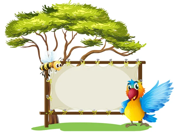 An empty framed banner with a parrot and a a bee — Stock Vector