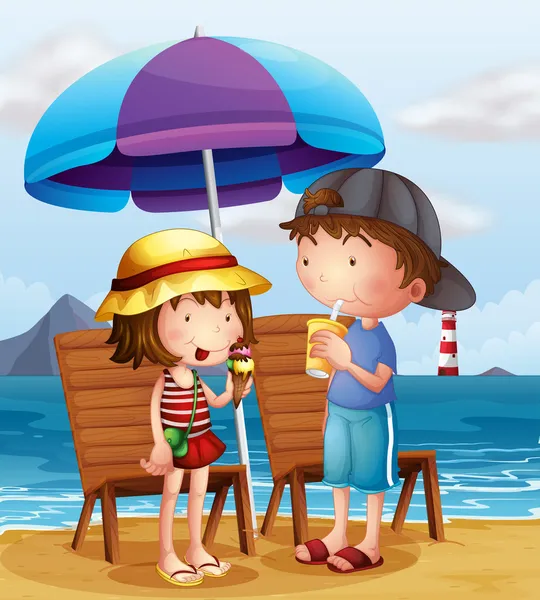 Two kids at the beach near the wooden chairs — Stock Vector