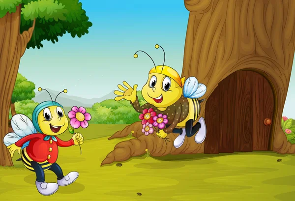樹上の家の近くの 2 つの蜂 — ストックベクタ
