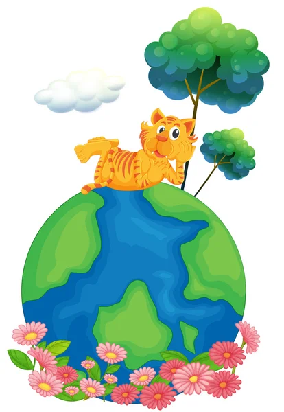 A tiger at the top of a globe — Stock Vector