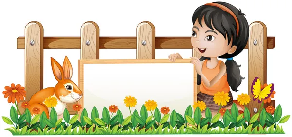 Una niña sosteniendo una tabla blanca con un conejo dentro de la valla de madera — Vector de stock