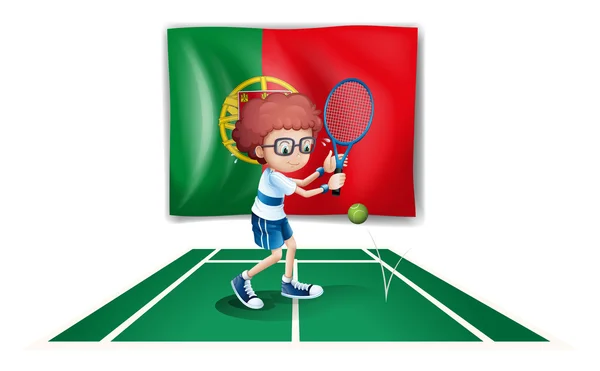 葡萄牙国旗后面一个男孩打网球 — 图库矢量图片