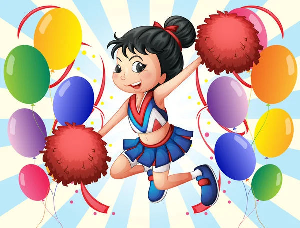 A cheerleader holding red pompoms with balloons — Stock Vector