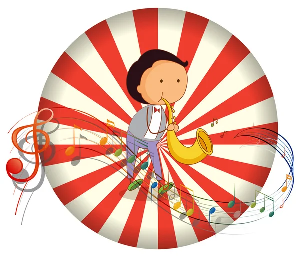 Ένα παιδί που παίζει με ένα μουσικό όργανο με μουσικές νότες — Διανυσματικό Αρχείο