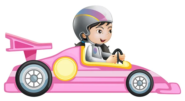 Una ragazza che cavalca in una macchina da corsa rosa — Vettoriale Stock