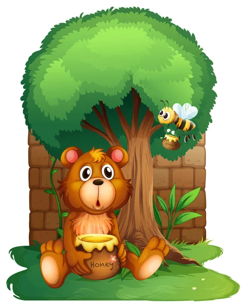 A bear and a bee under a big tree — Stock Vector