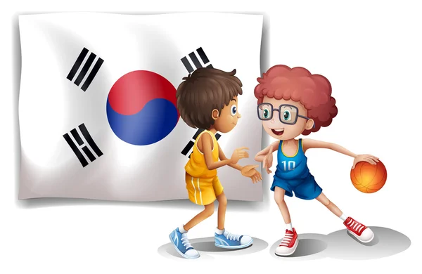 Two boys playing basketball in front of the Korean flag — Stock Vector