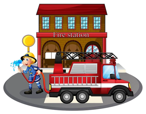 A fireman holding a water hose beside a fire truck — Stock Vector