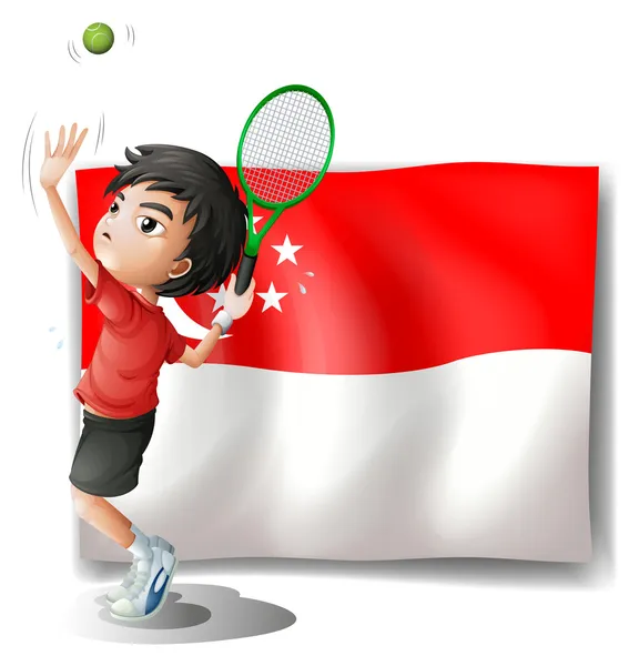 Ένα παιδί παίζει τένις μπροστά από τη σημαία της Σιγκαπούρης — Διανυσματικό Αρχείο
