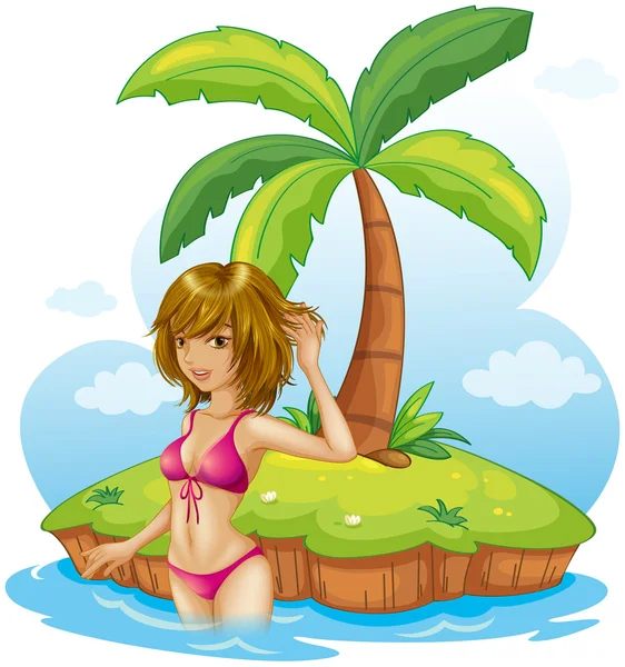 Una señora con un bikini rosa en la playa — Vector de stock