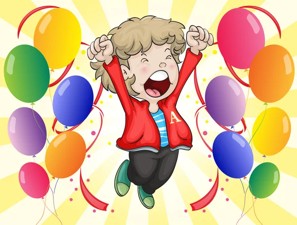 Ein glückliches Gesicht eines Jungen mit Luftballons um ihn herum — Stockvektor