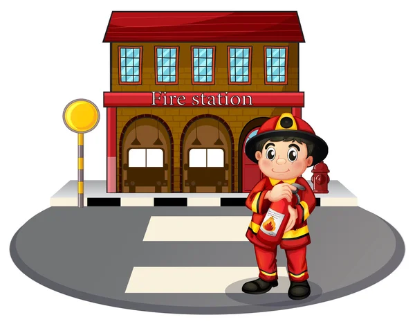 A fireman holding a fire extinguisher in front of the fire stati — Stock Vector