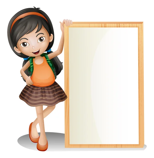 Μια νεαρή κοπέλα δίπλα σε ένα άδειο πινακίδα — Διανυσματικό Αρχείο