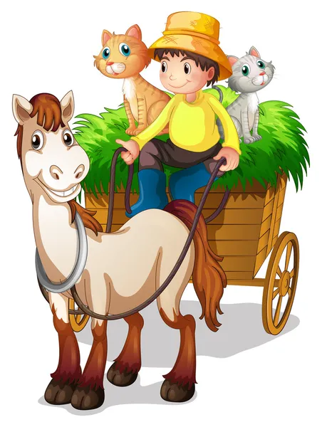 Фермер, едущий на тележке со своими домашними животными — стоковый вектор