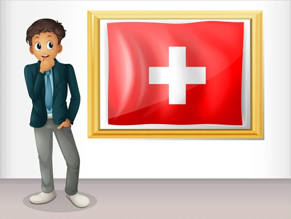 Um homem ao lado da bandeira emoldurada da Suíça — Vetor de Stock