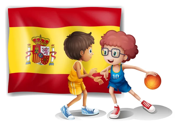 Boys playing basketball with the flag of Spain — Stock Vector