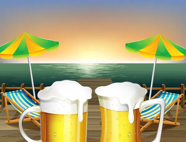 Tazze di birra fredda in spiaggia — Vettoriale Stock