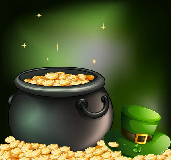 Gouden munten binnen een pot en een groen hoed — Stockvector