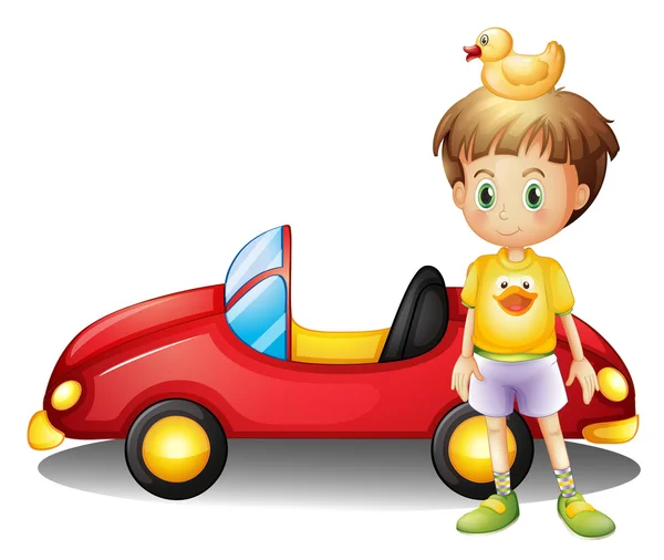 Молодий хлопчик з гумовою качкою і великим іграшковим автомобілем — стоковий вектор